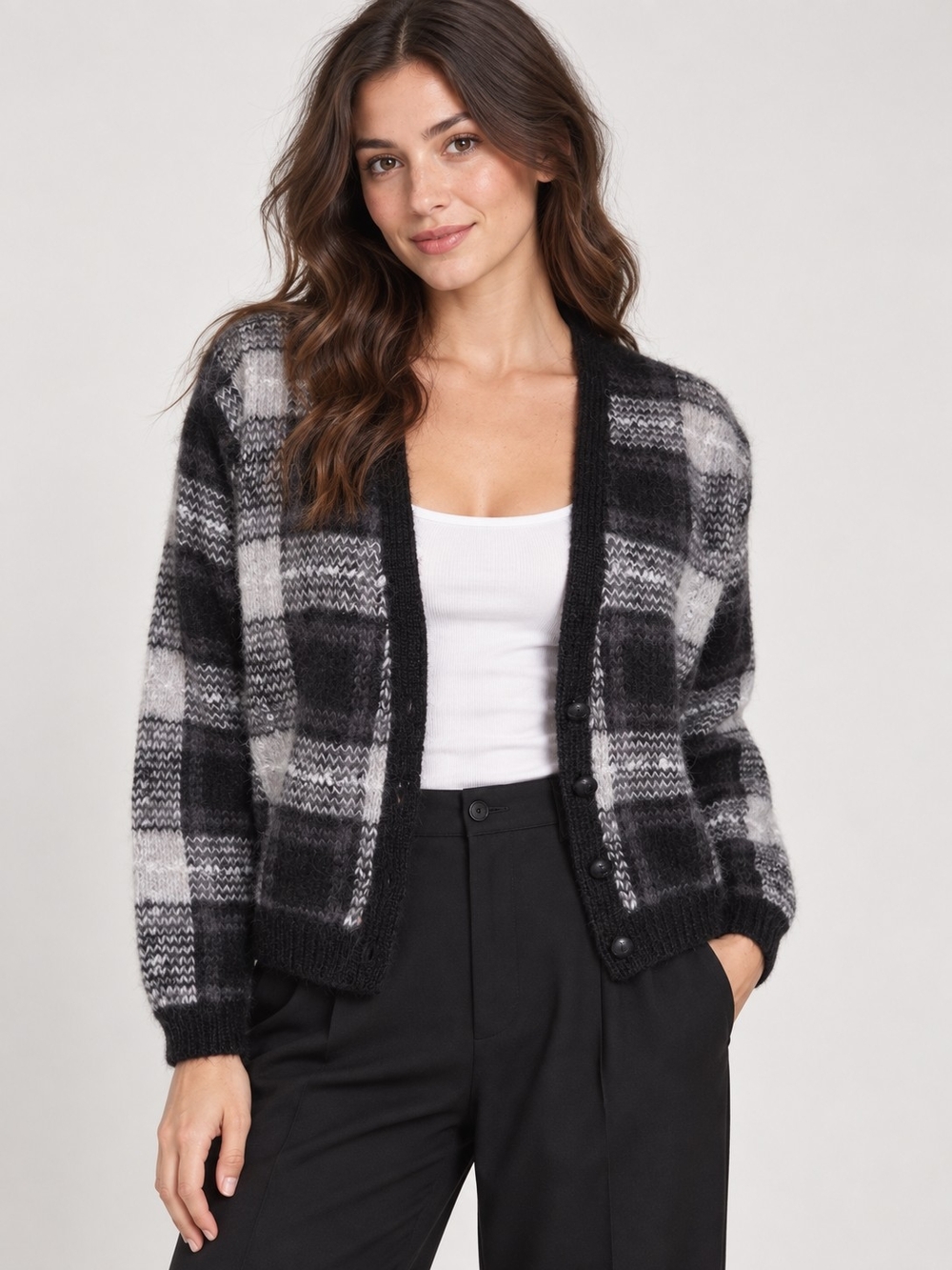 Vintage 80s LISE J Mohair Plaid Cardigan Sweater Size Small